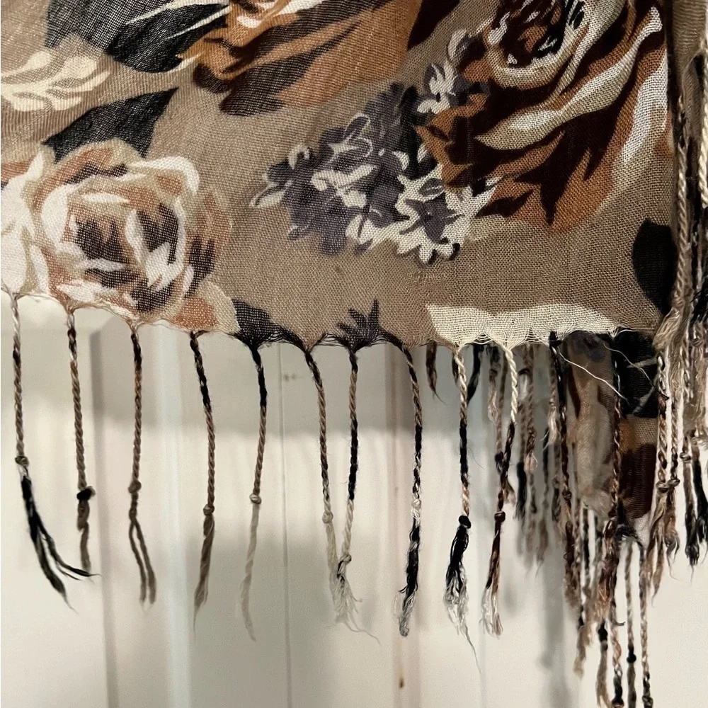 Neutral Taupe Floral Scarf with Fringe | Elegant Fall Wrap EUC 28